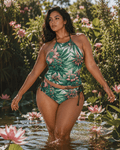 Pink haze floral print halter tankini bikini, back view showing tie detail