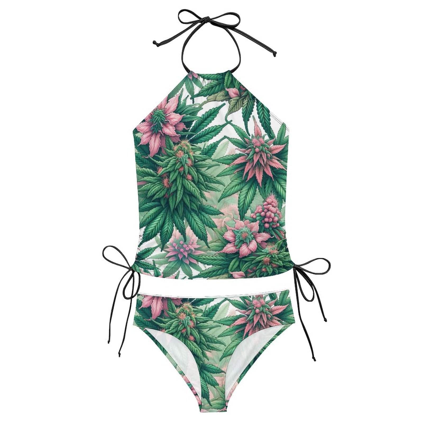 Pink haze print halter tankini bikini, flat lay showing top and bottoms