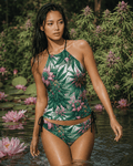 Pink haze floral print halter tankini bikini, walking shot showing movement
