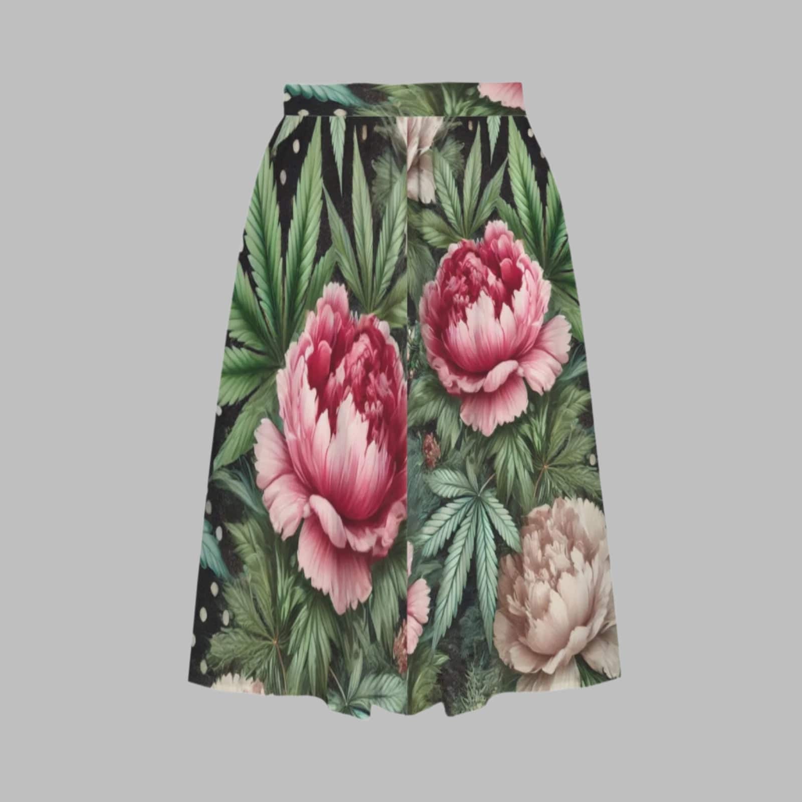Pot and peony floral print pocket midi skirt, waistband and pocket detail