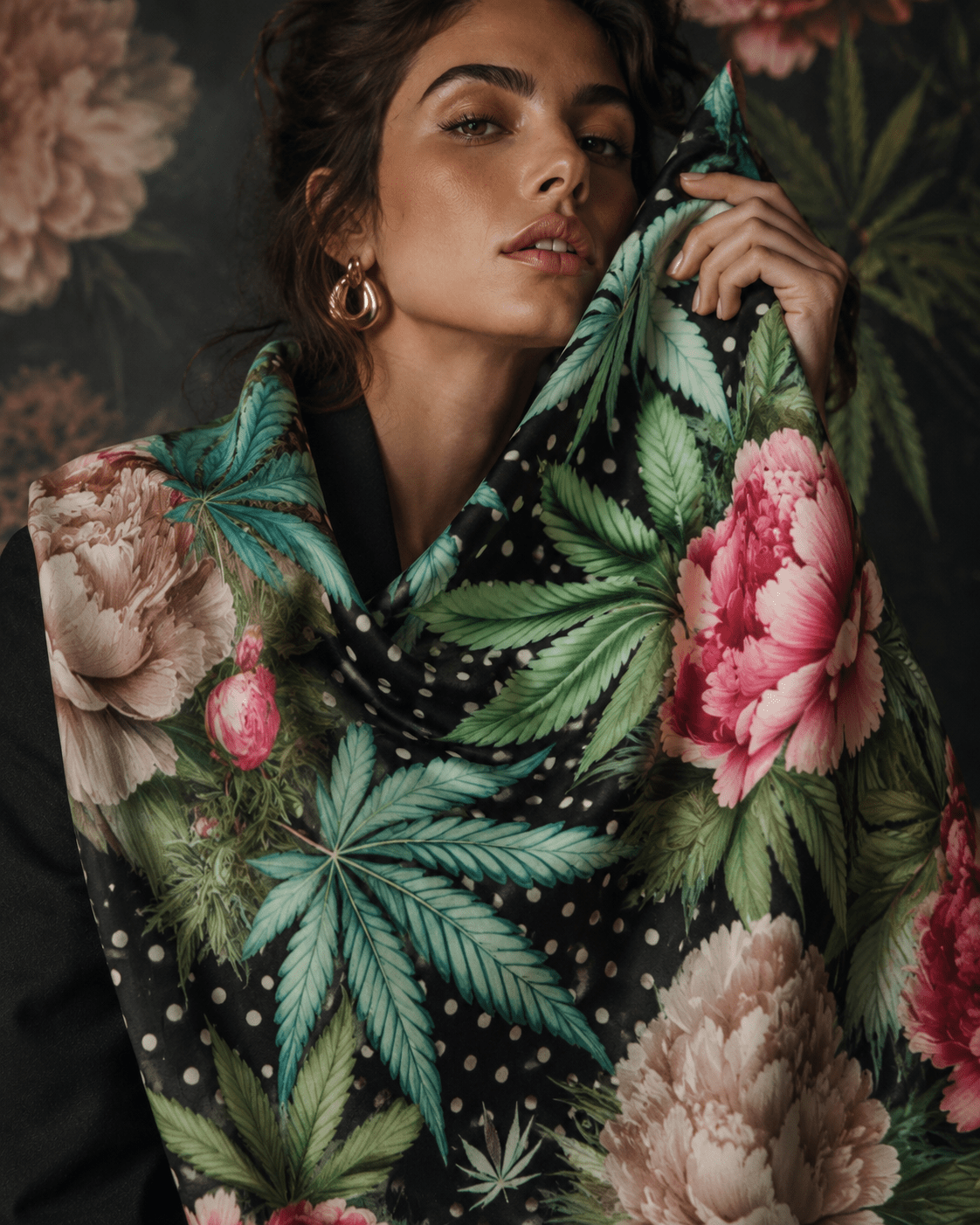 Jane Dope pot and peony floral print silky scarf, draped on model