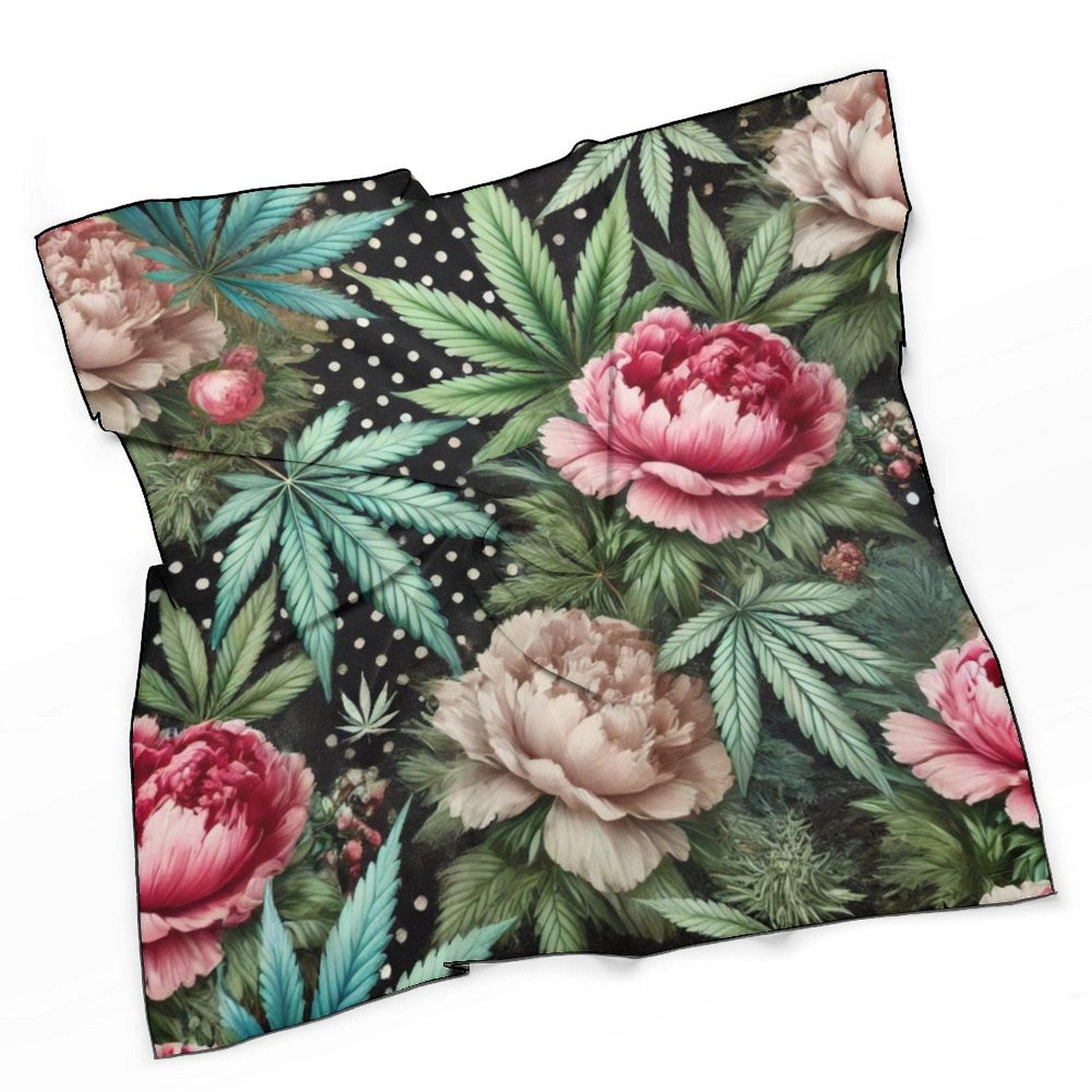 Pot and peony floral print silky scarf, flat lay showing full print
