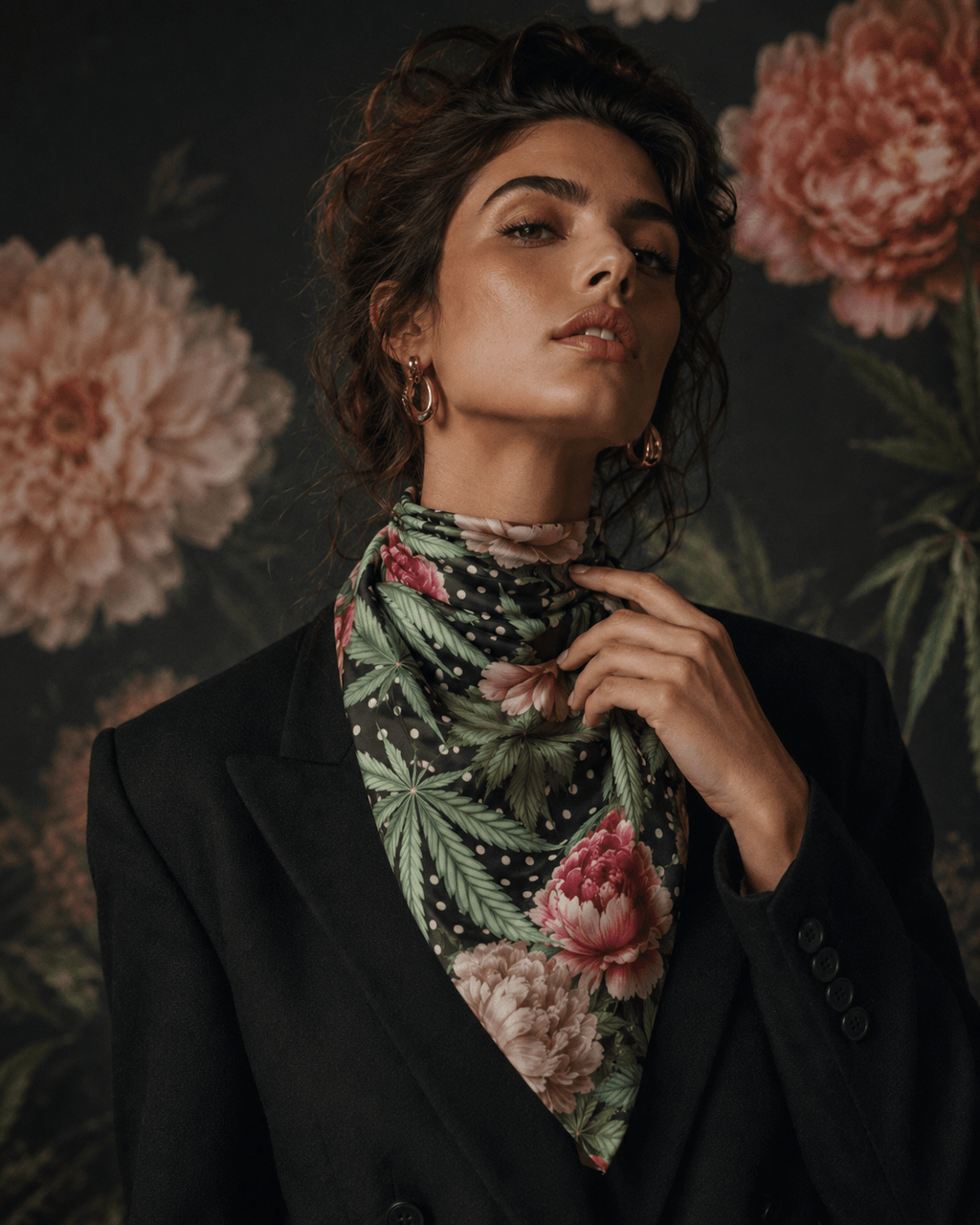 Pot and peony floral print silky scarf, tied as neckerchief on model