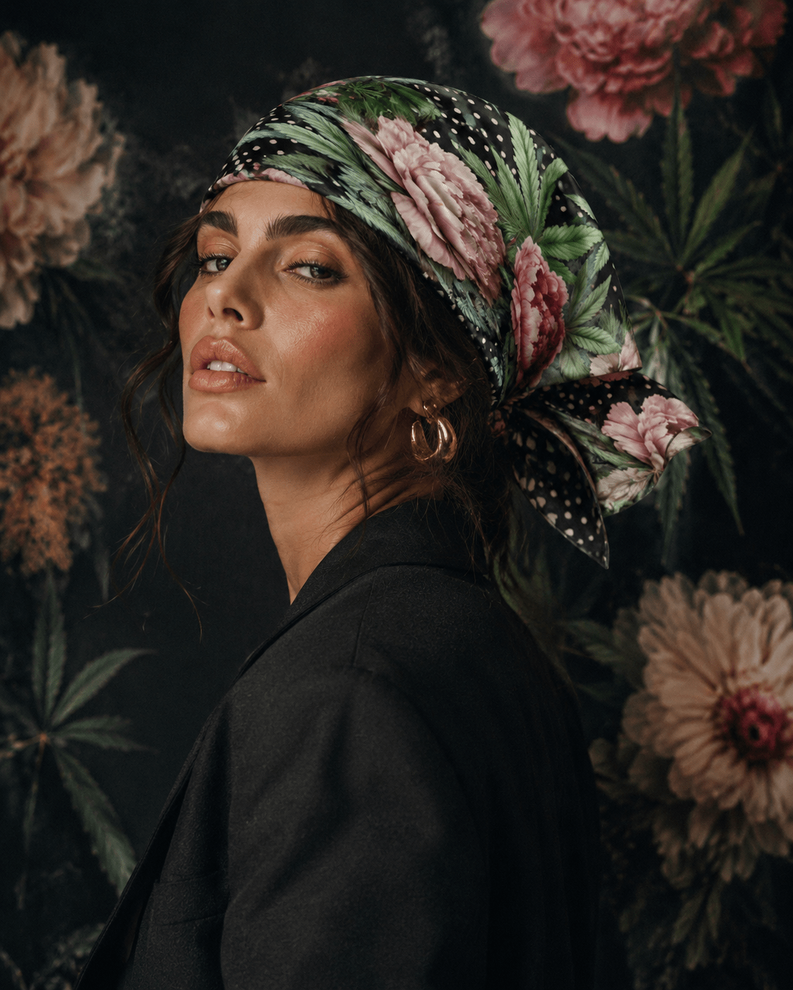 Pot and peony floral print silky scarf, styled as headscarf on model