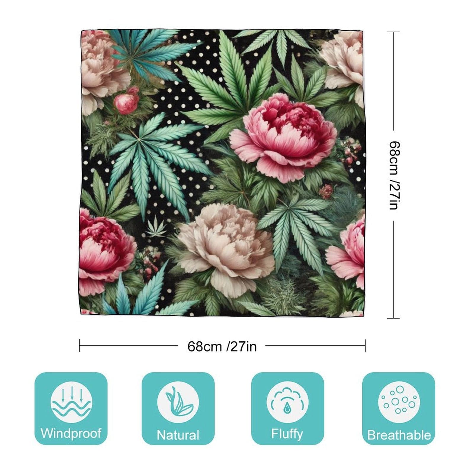 Pot and peony floral print silky scarf, folded showing colour and texture