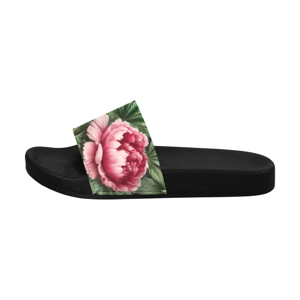 Pot and peony floral print slide sandals, top-down flat lay