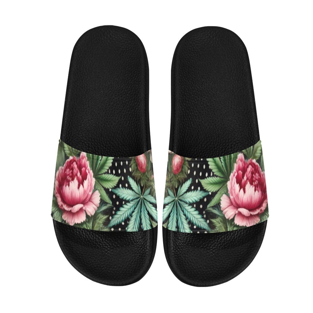 Jane Dope pot and peony floral print velcro slide sandals, side view on model