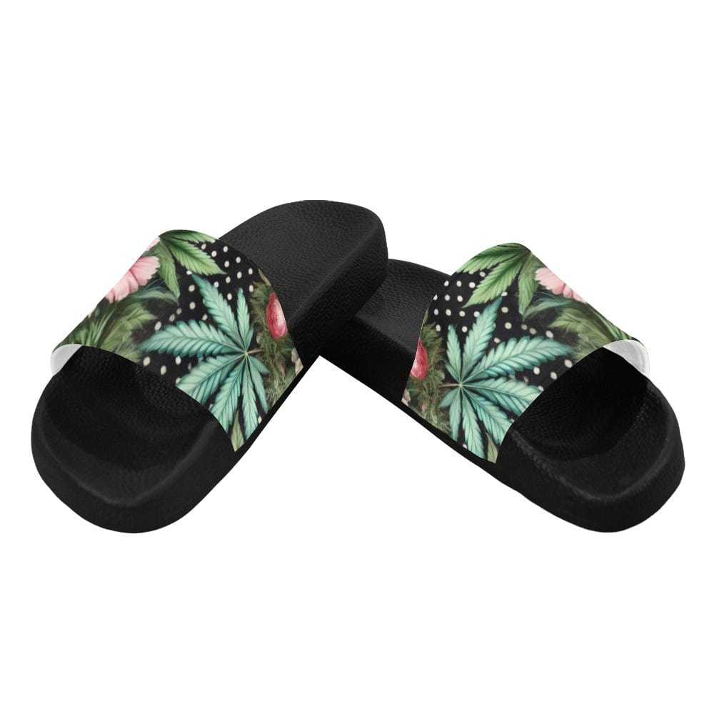 Pot and peony floral print slide sandals, strap detail close-up