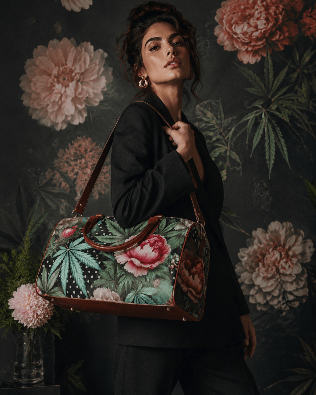 Pot and peony floral print travel duffel bag, side view showing strap detail