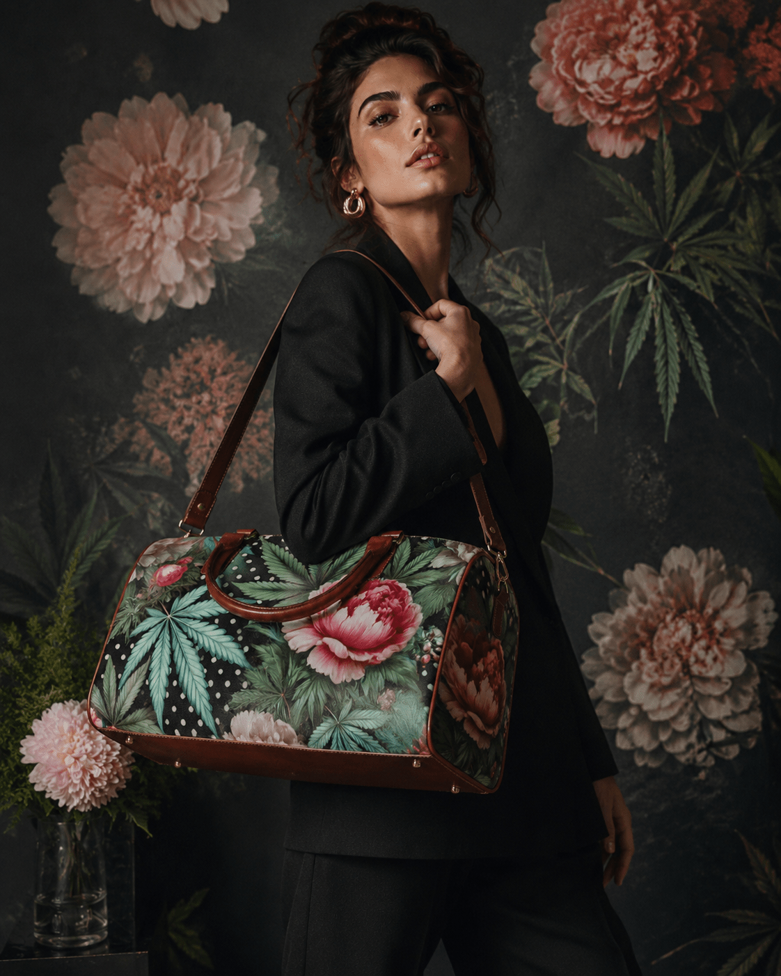 Pot and peony floral print travel duffel bag, side view showing strap detail