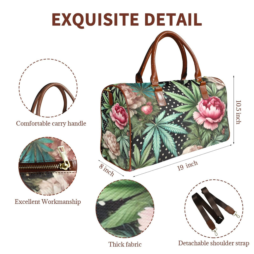 Pot and peony floral print travel duffel bag, top handle detail close-up