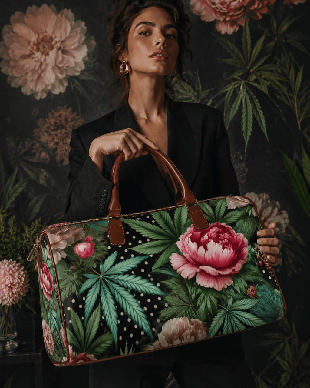 Pot and peony floral print travel duffel bag, lifestyle shot