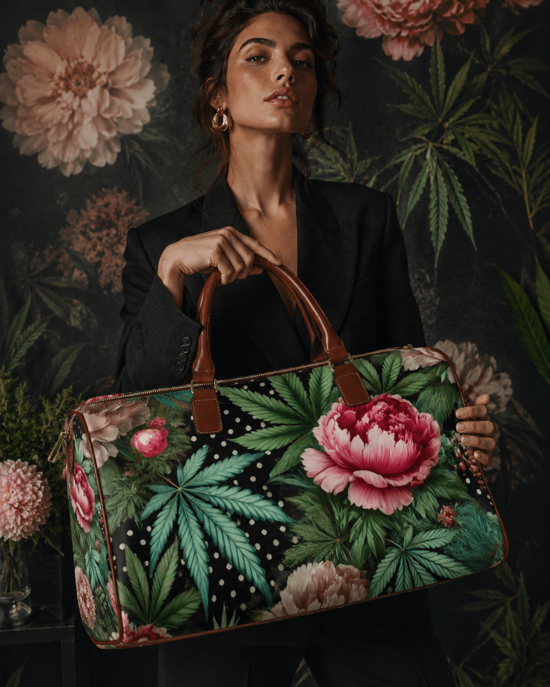 Pot and peony floral print travel duffel bag, lifestyle shot
