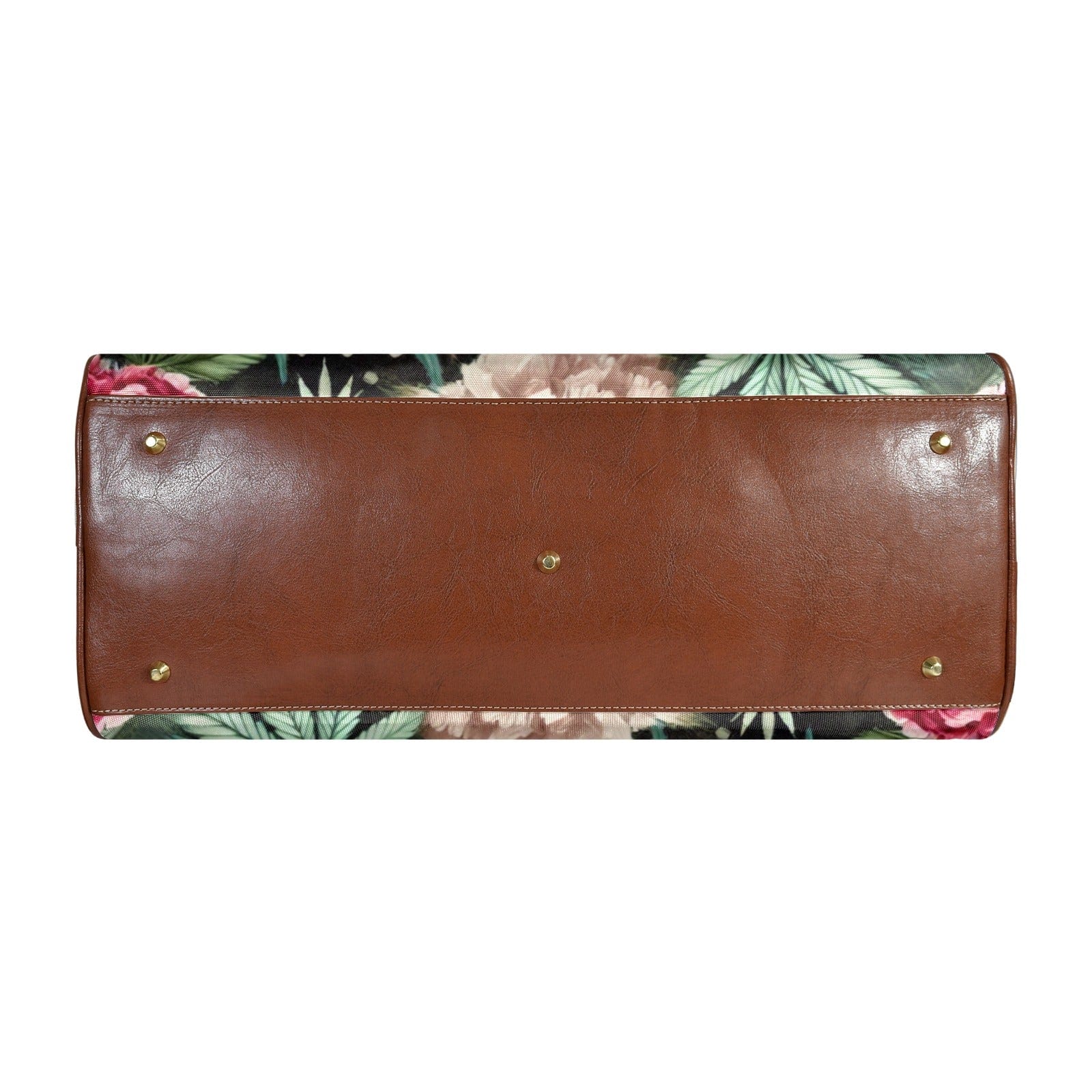 Pot and peony floral print travel duffel bag, base and corner detail close-up