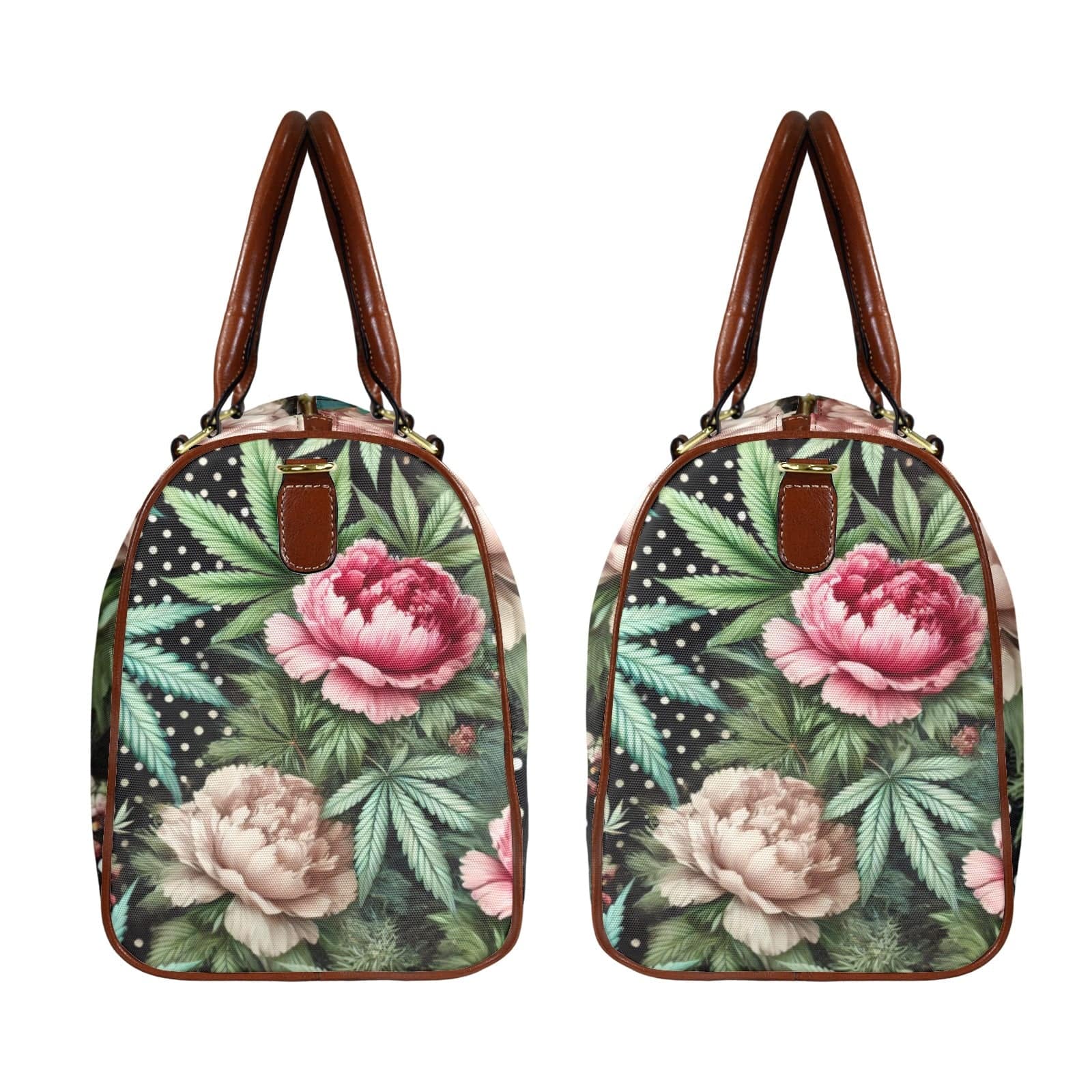 Pot and peony floral print travel duffel bag, open interior view