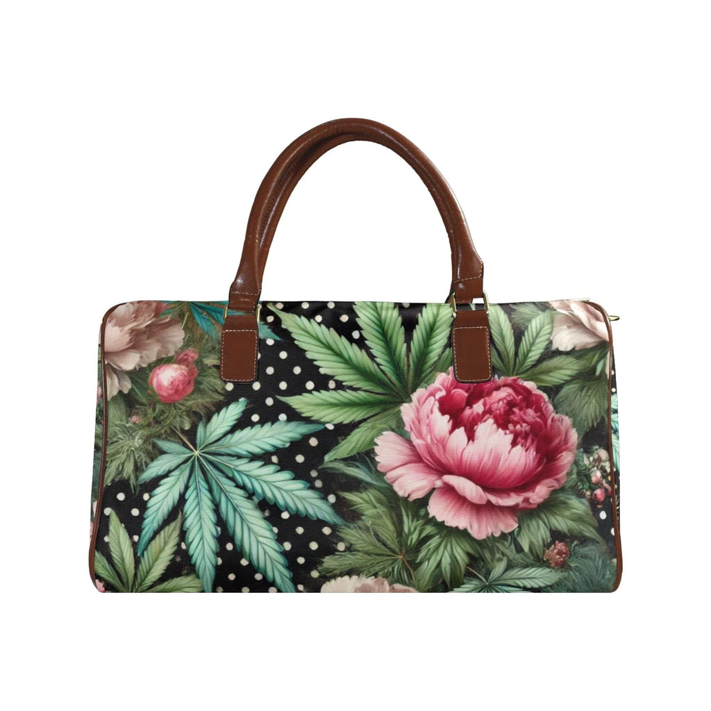 Pot and peony floral print travel duffel bag, angled product shot