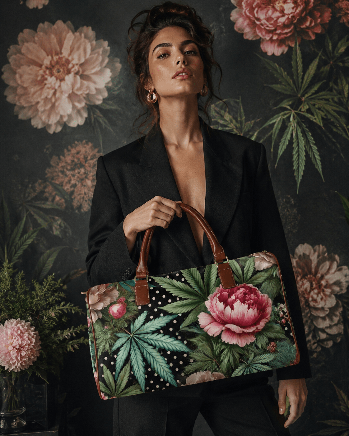 Jane Dope pot and peony floral print large leather-look travel duffel bag, front view