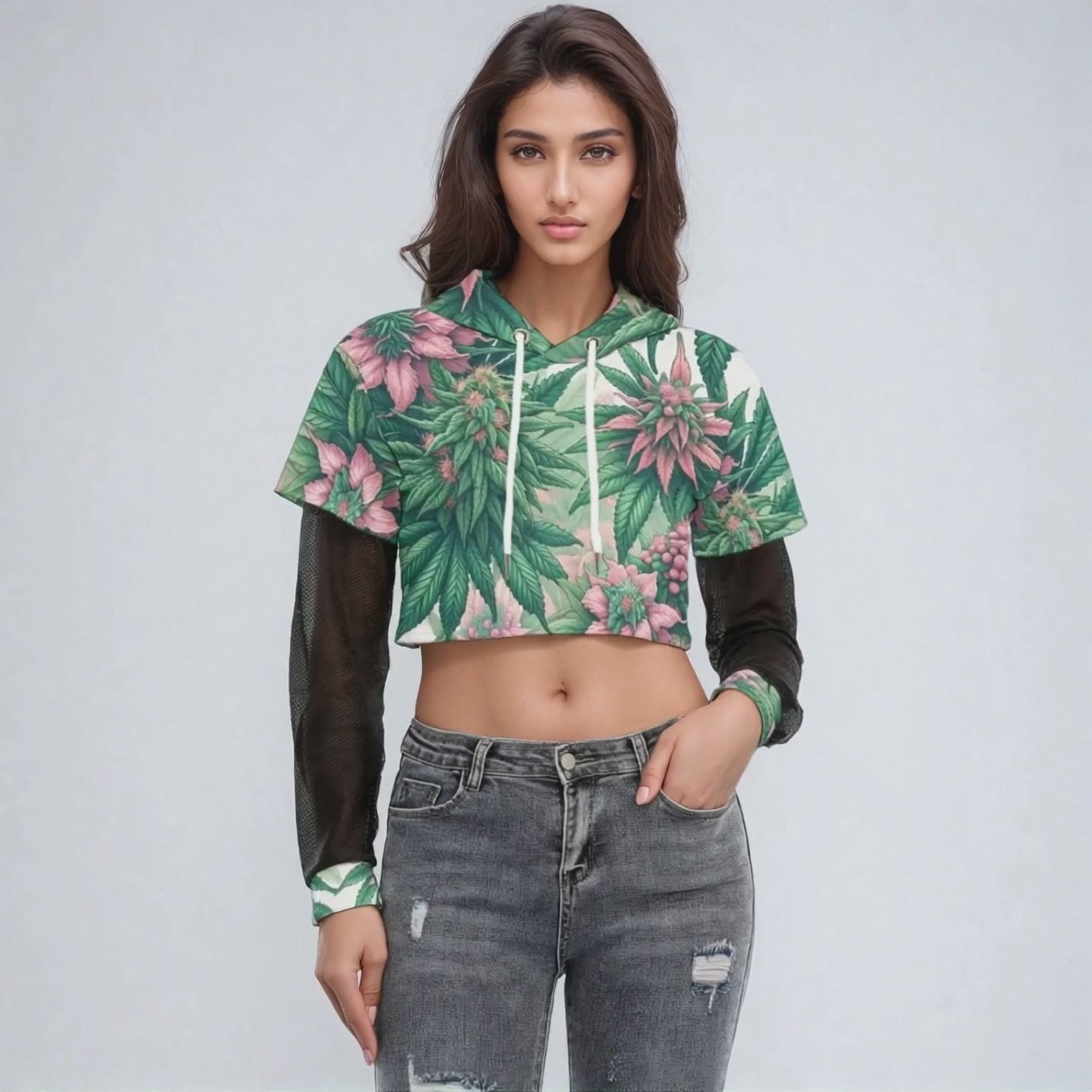 Pink Haze Mesh Sleeve Cropped Hoodie