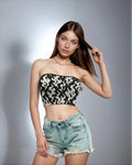 Jane Dope puff print strapless bandeau crop top, front view on model