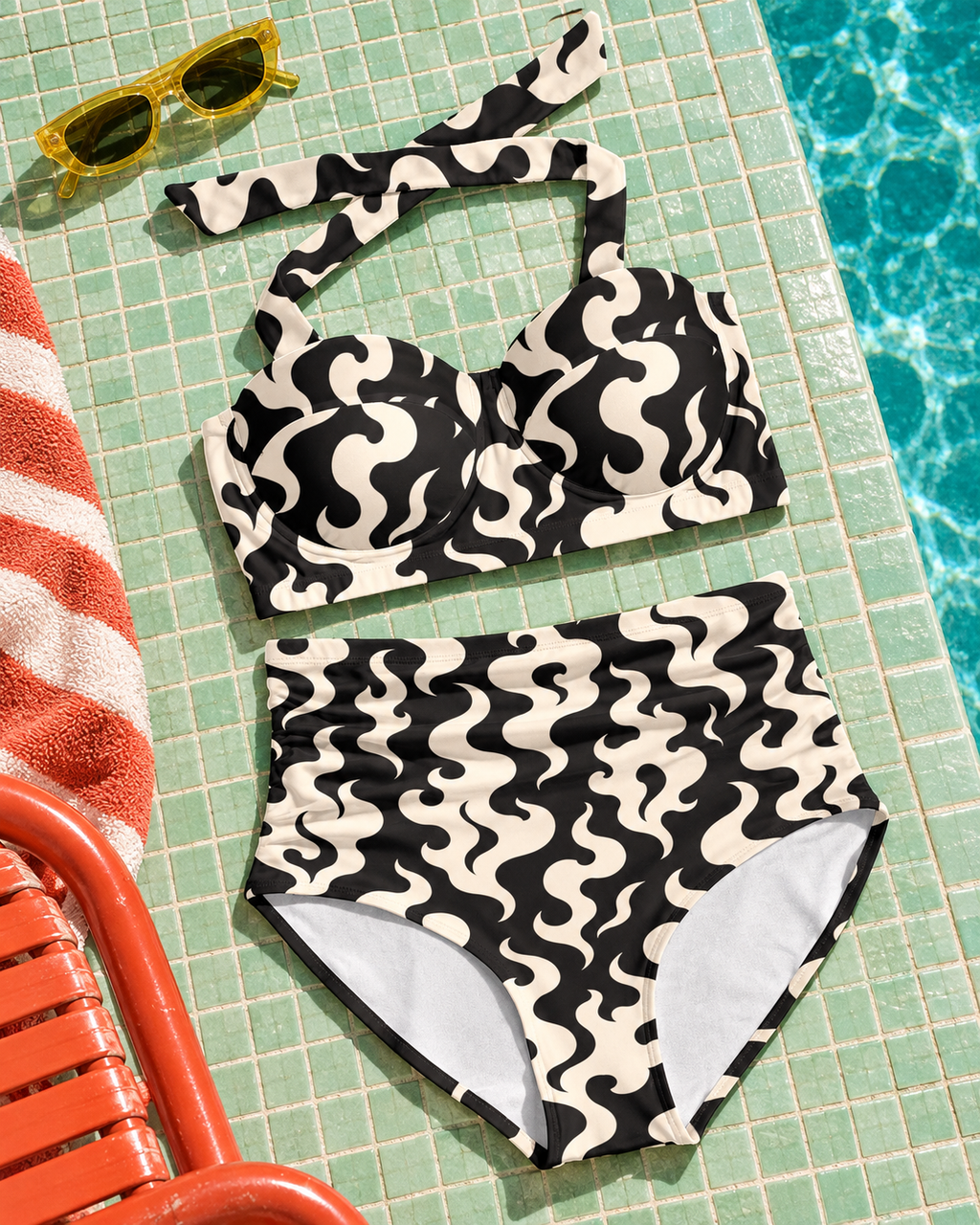Puff Pin Up black-and-cream swirl bikini, complete halter top and high-waisted briefs