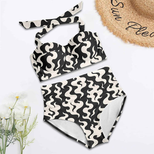 Puff print halter bikini, back view showing tie detail