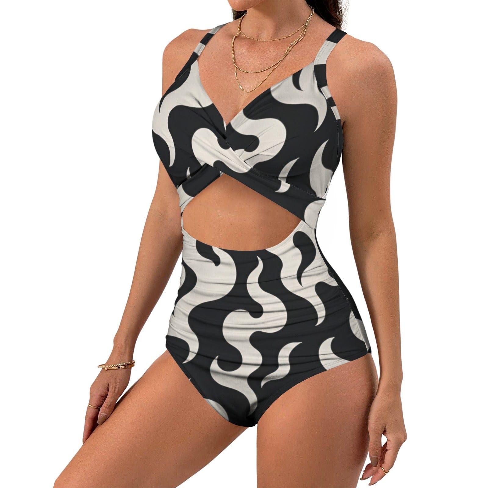 Puff print twist-front swimsuit, fabric and print detail close-up