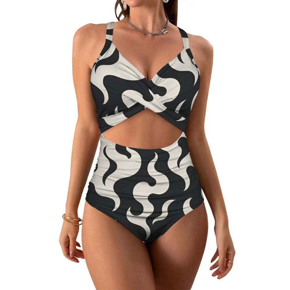 Traje de baño con escote frontal torcido y mangas abullonadas