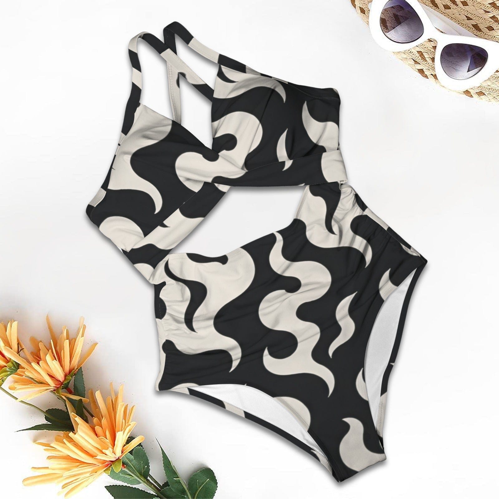 Jane Dope puff print twist-front tie-back one-piece swimsuit, front view on model