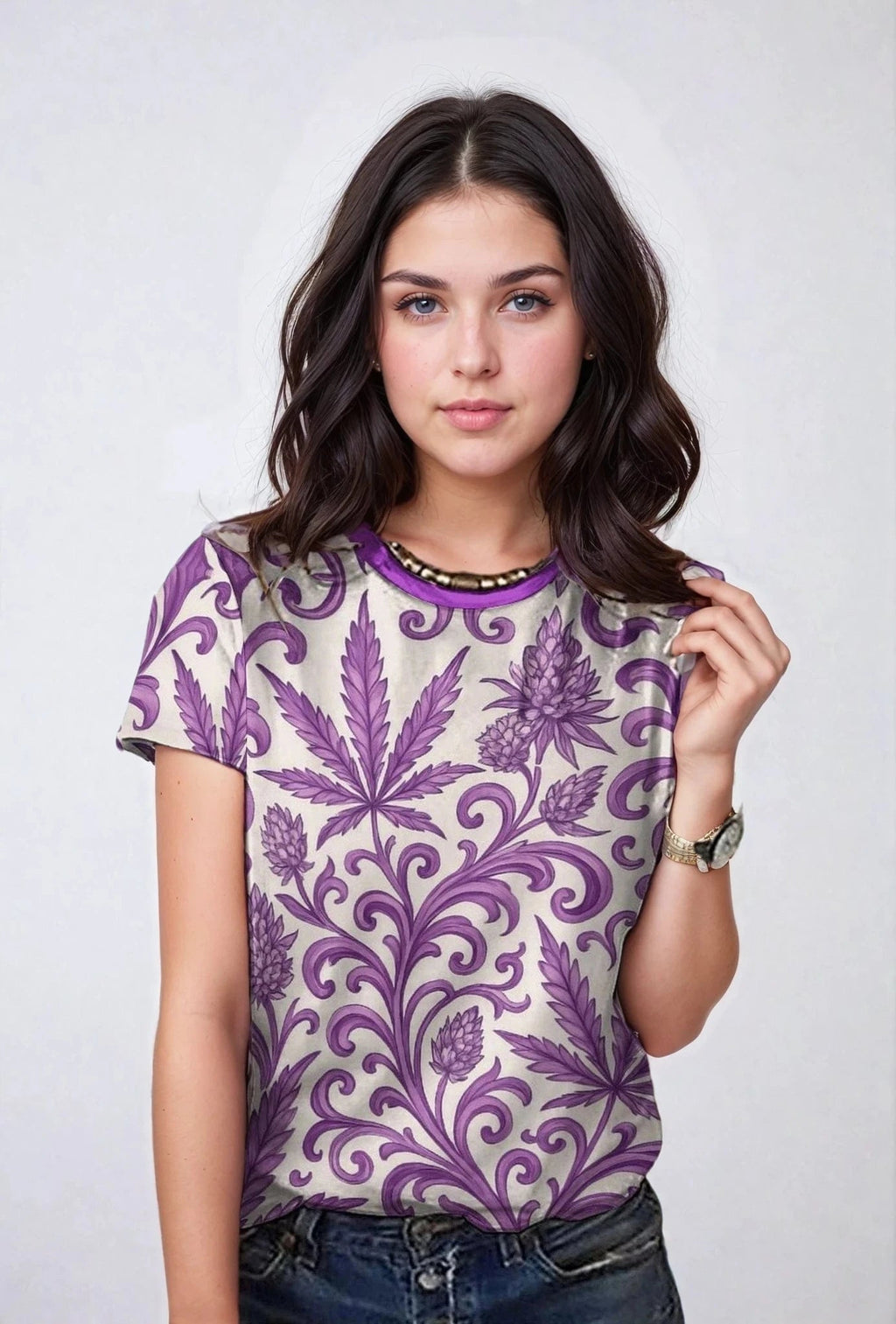 Jane Dope purple kush print women's cotton t-shirt, lifestyle front view