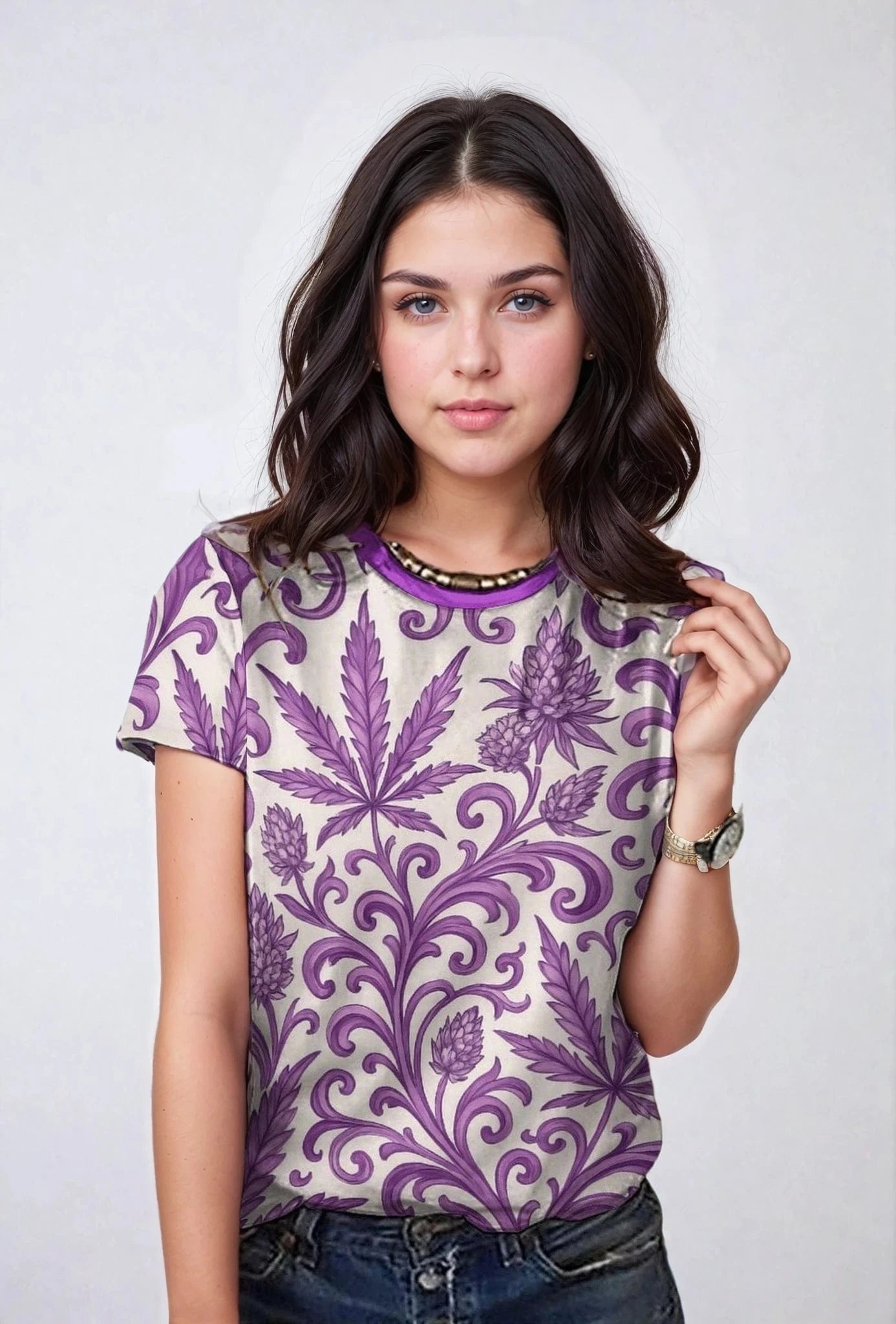 Jane Dope purple kush print women's cotton t-shirt, lifestyle front view