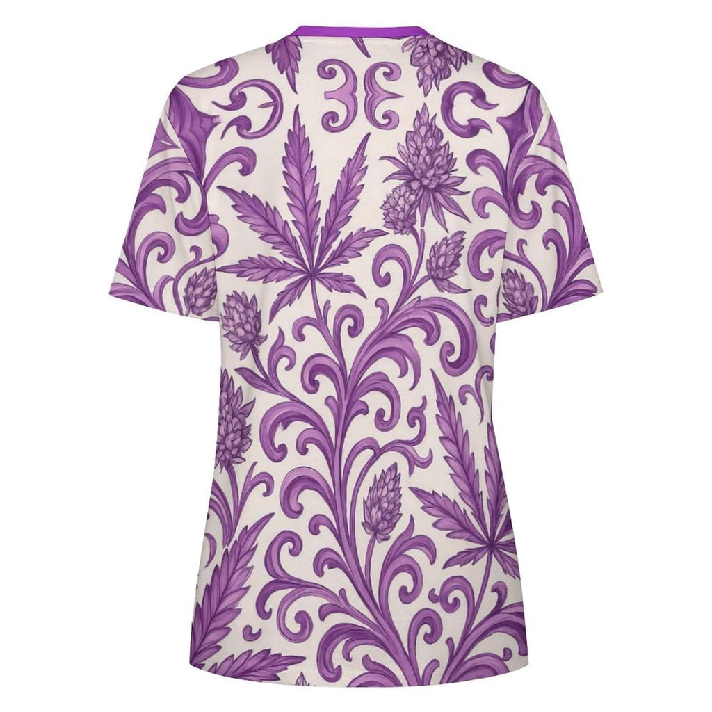 Purple kush print cotton t-shirt, neckline detail