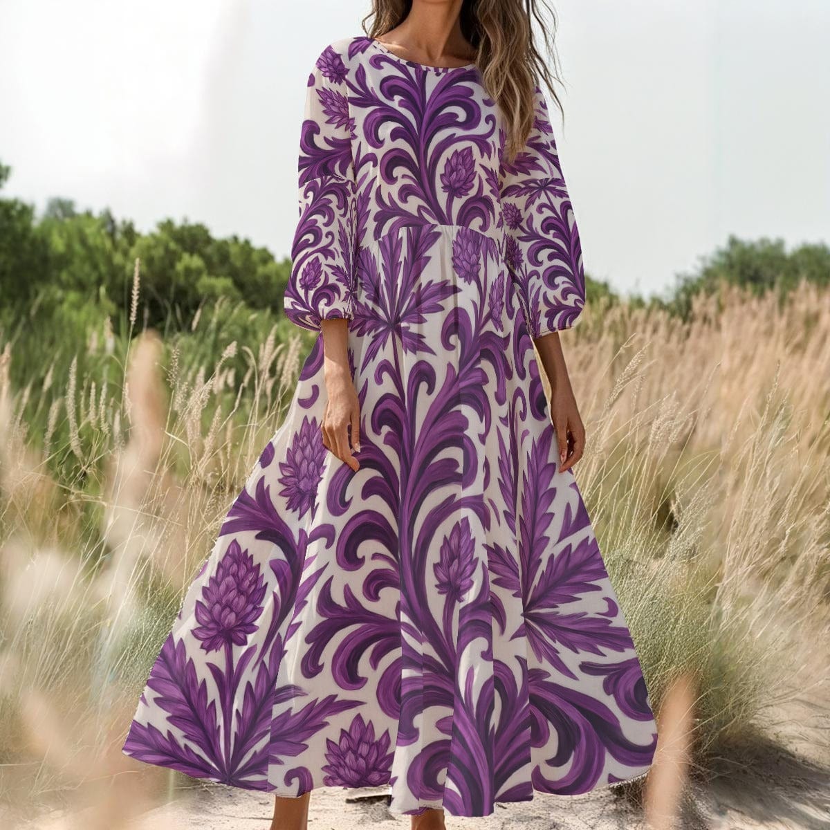Purple kush print long sleeve dress in white, flat lay