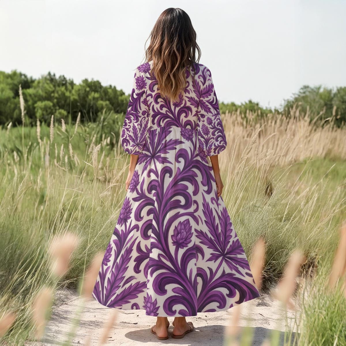 Jane Dope purple kush print long sleeve fitted dress, front view on model
