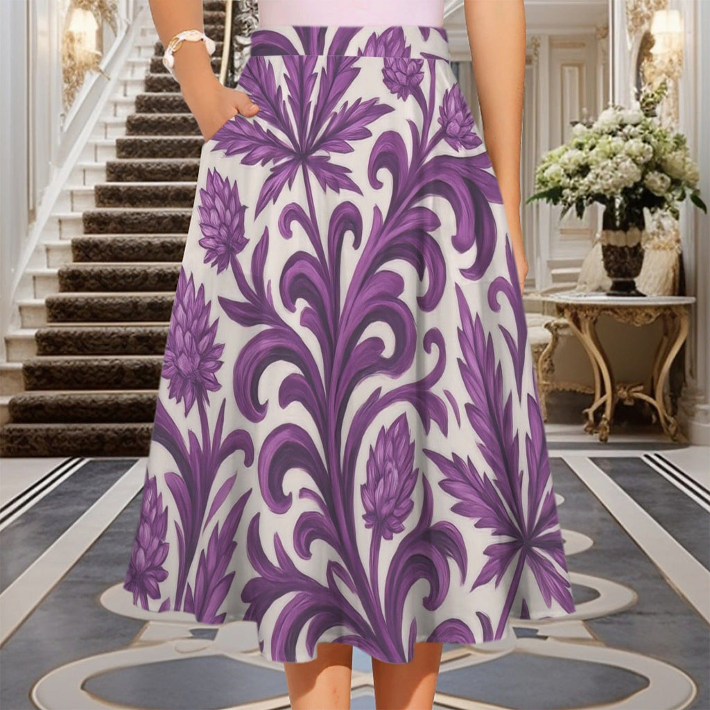 Jane Dope purple kush print elastic waist midi skirt with pockets, front view