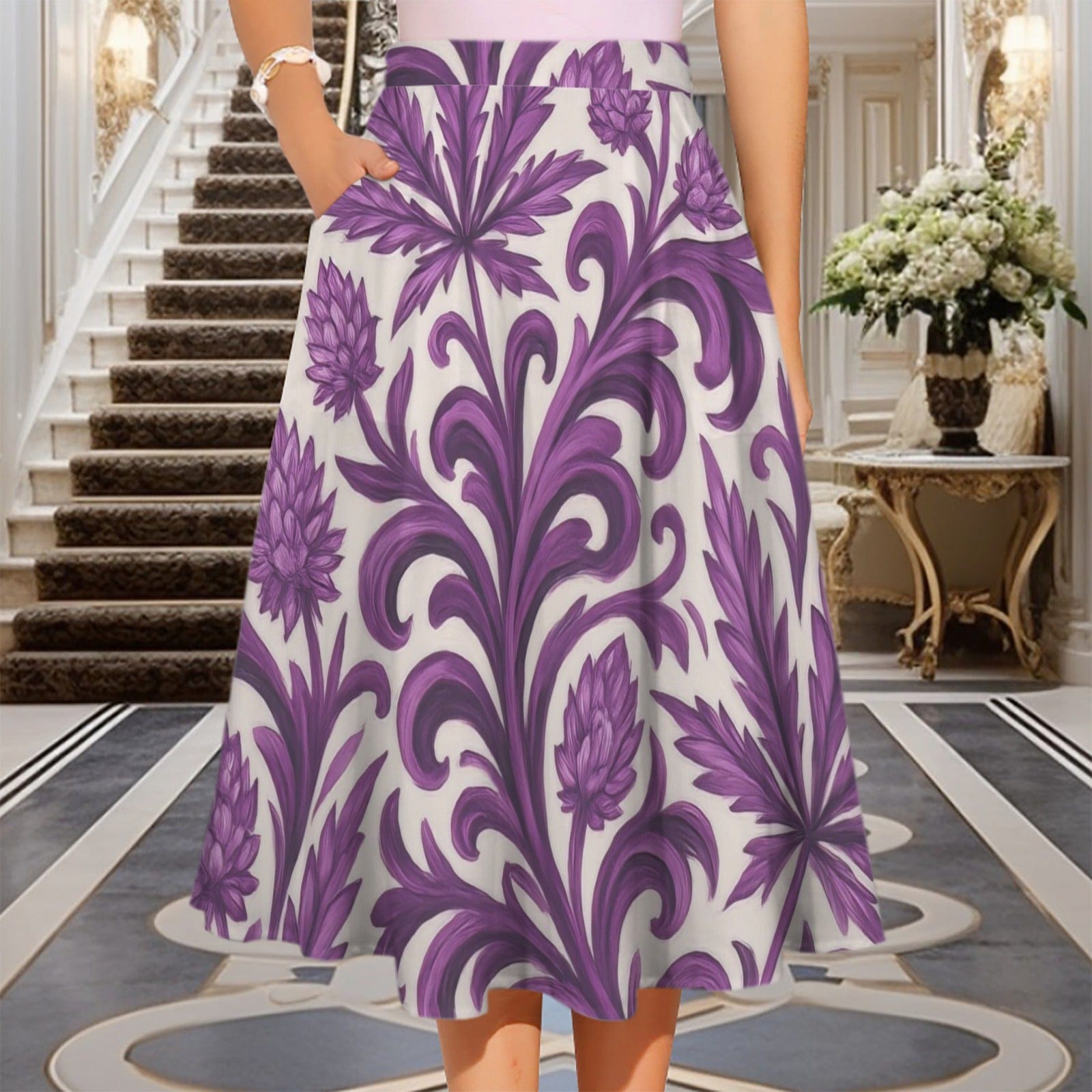Jane Dope purple kush print elastic waist midi skirt with pockets, front view