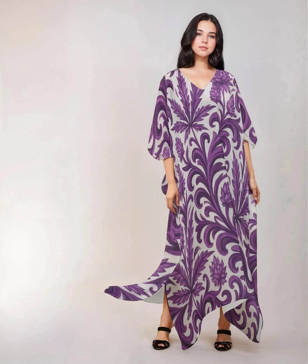 Purple kush print silky kaftan, sleeve and neckline detail