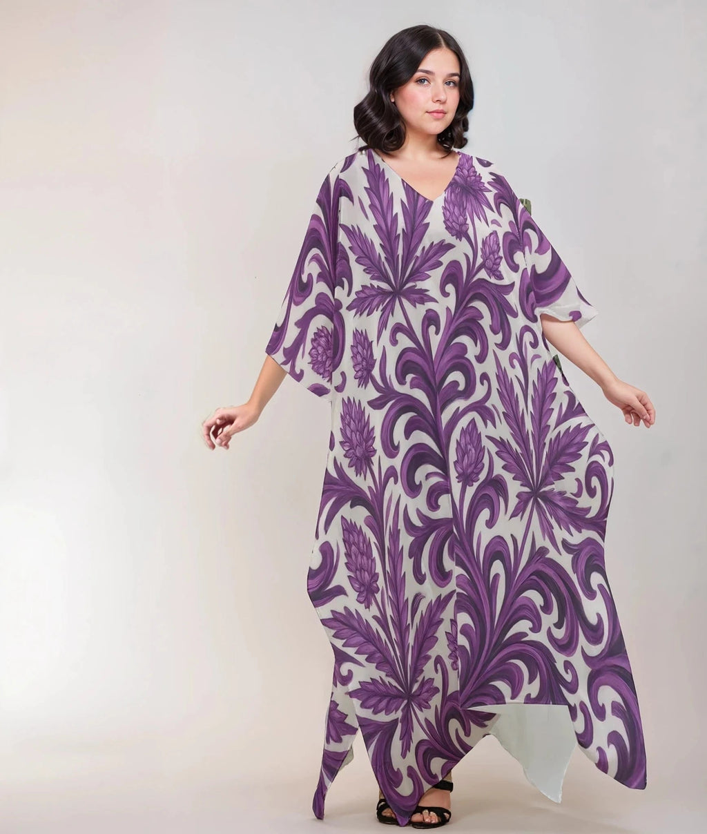 Jane Dope purple kush print silky v-neck kaftan robe in white, front view