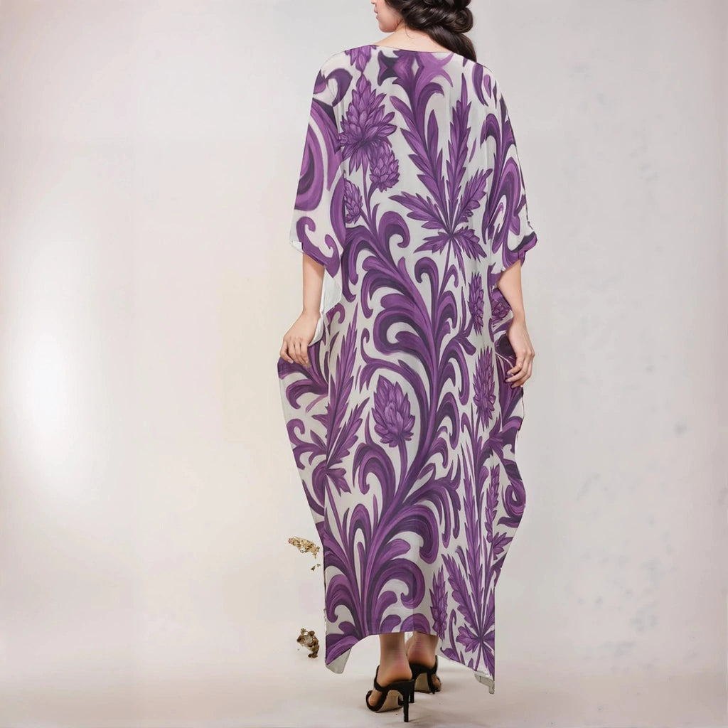 Purple kush print silky kaftan, drape and movement shot
