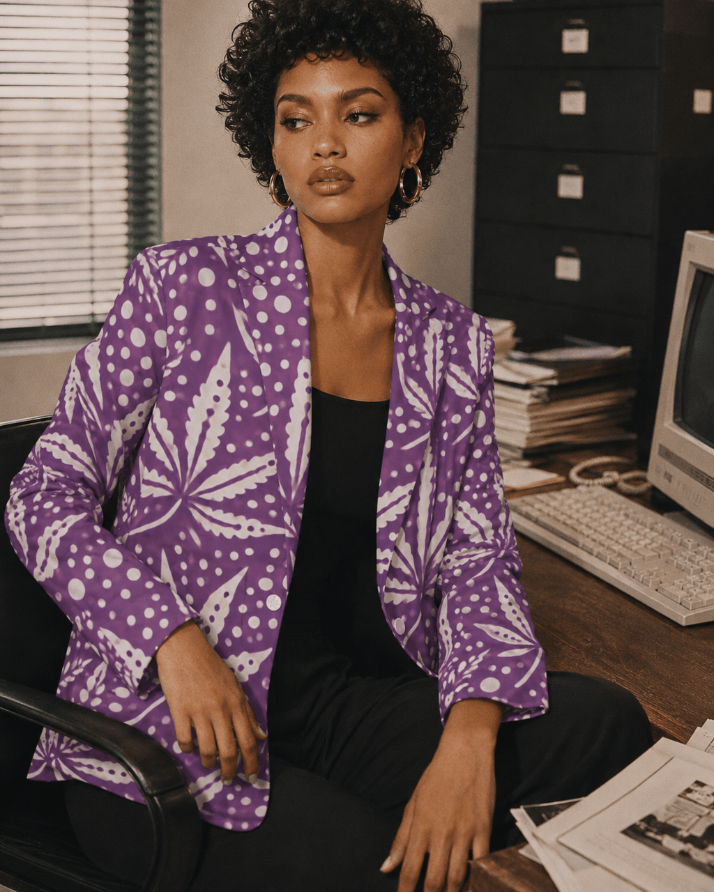 Purps Boss purple print cotton blazer, side view showing silhouette