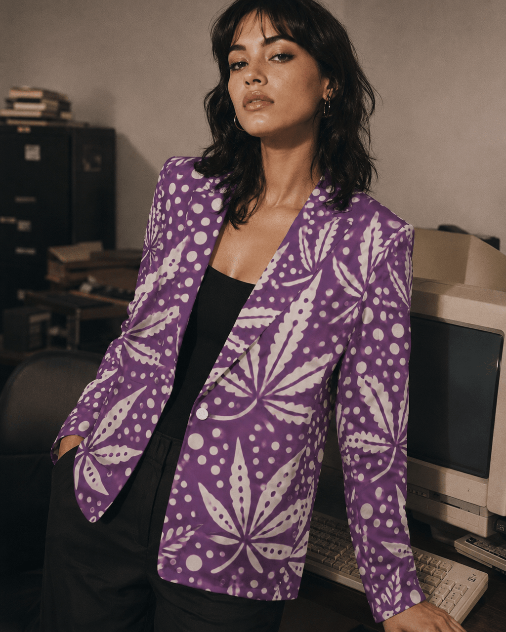 Purps Boss purple print cotton blazer, three-quarter view on model
