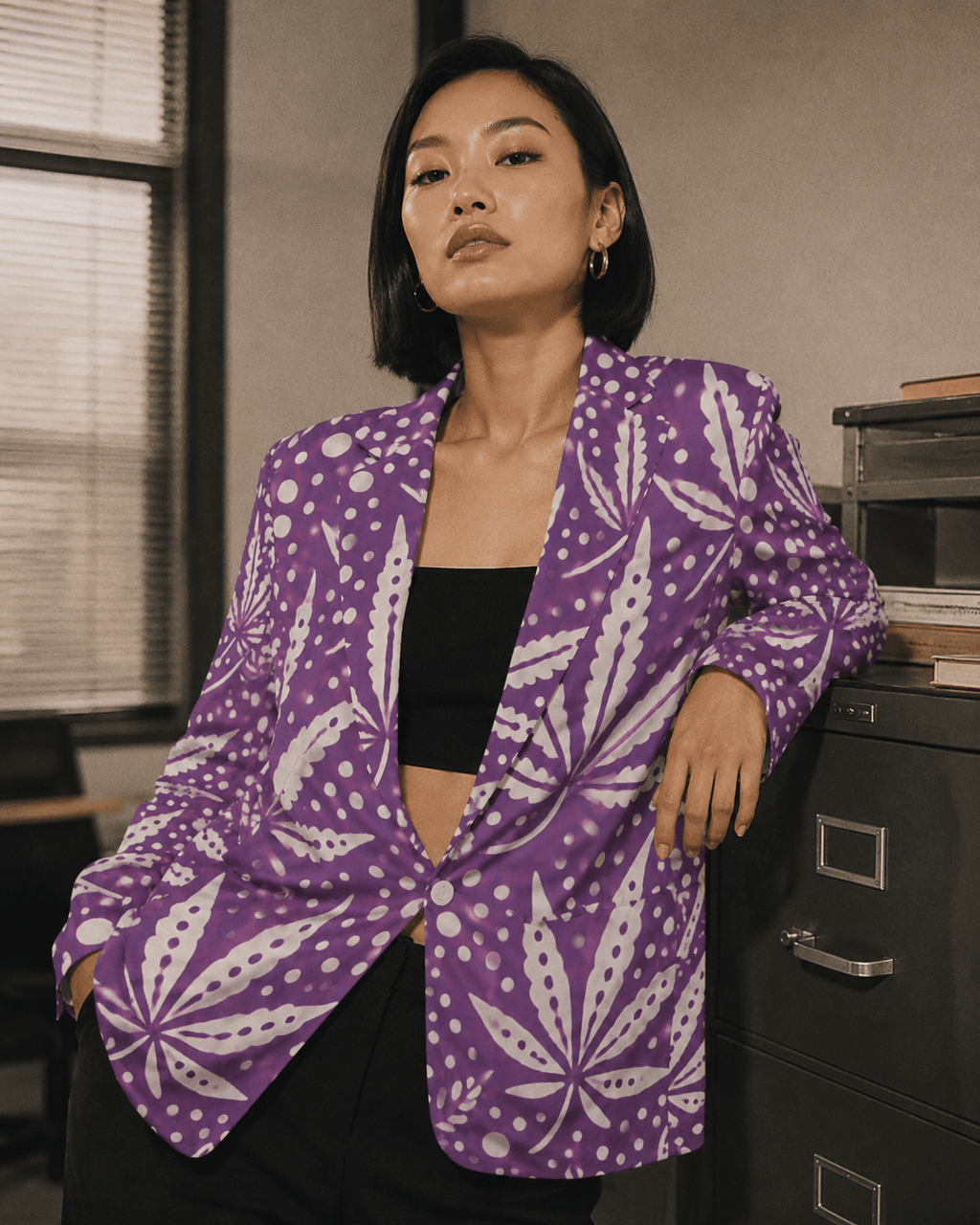 Purps Boss purple print cotton blazer, full length view on model outdoors