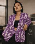 Purps Boss purple print cotton blazer, full length view on model outdoors