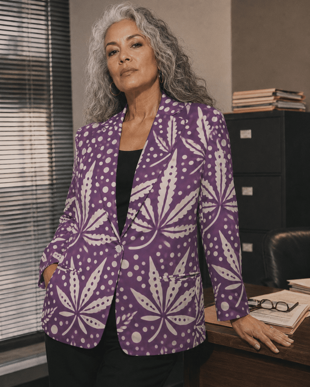 Purps Boss purple print cotton blazer, flat lay showing full print