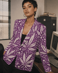 Jane Dope Purps Boss purple print relaxed cotton blazer, front view on model