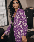 Purps Boss purple print cotton blazer, lapel and button detail close-up