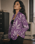 Purps Boss purple print cotton blazer, lifestyle editorial shot on model