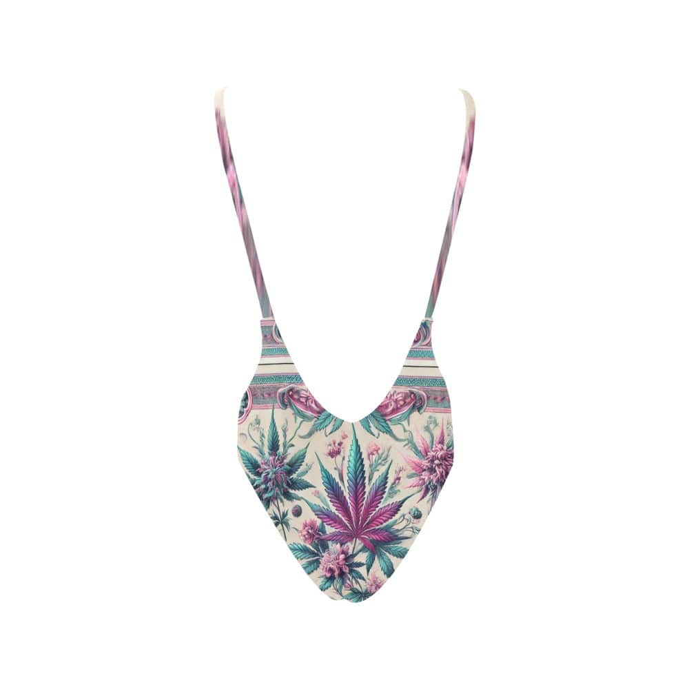 Roller Queen graphic print deep-V swimsuit, side view on model