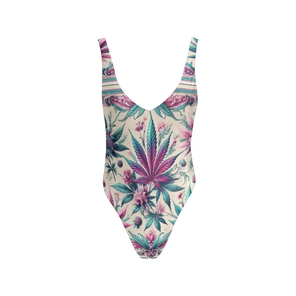 Roller Queen graphic print deep-V swimsuit, back view showing low back