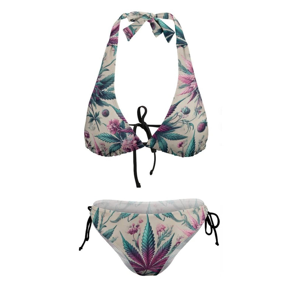 Roller Queen graphic halter bikini, flat lay showing top and bottoms