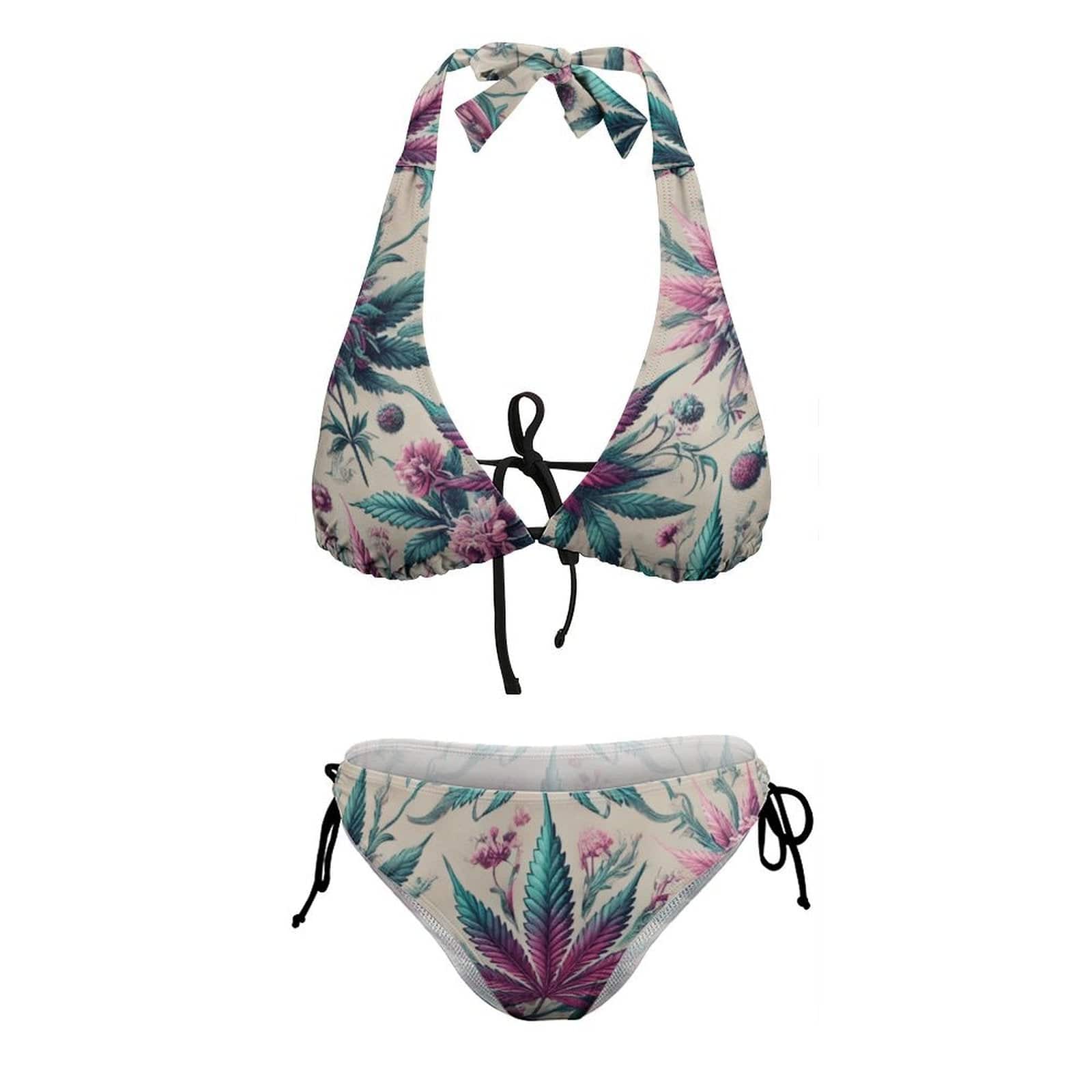 Roller Queen graphic halter bikini, flat lay showing top and bottoms